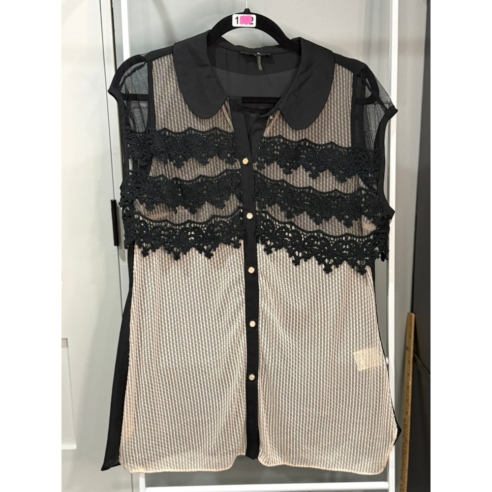 Ryu Black Tan Lace Mesh Sleeveless Peter Pan Collar Blouse Womens L Whimsigoth
